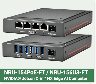 The NRU-150-FT series is a compact, fanless edge AI computer