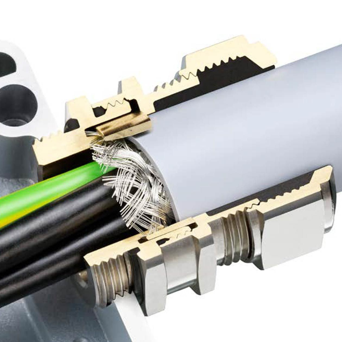 Detalle del sistema de compresión 360° y contacto EMC en prensaestopas Progress®.