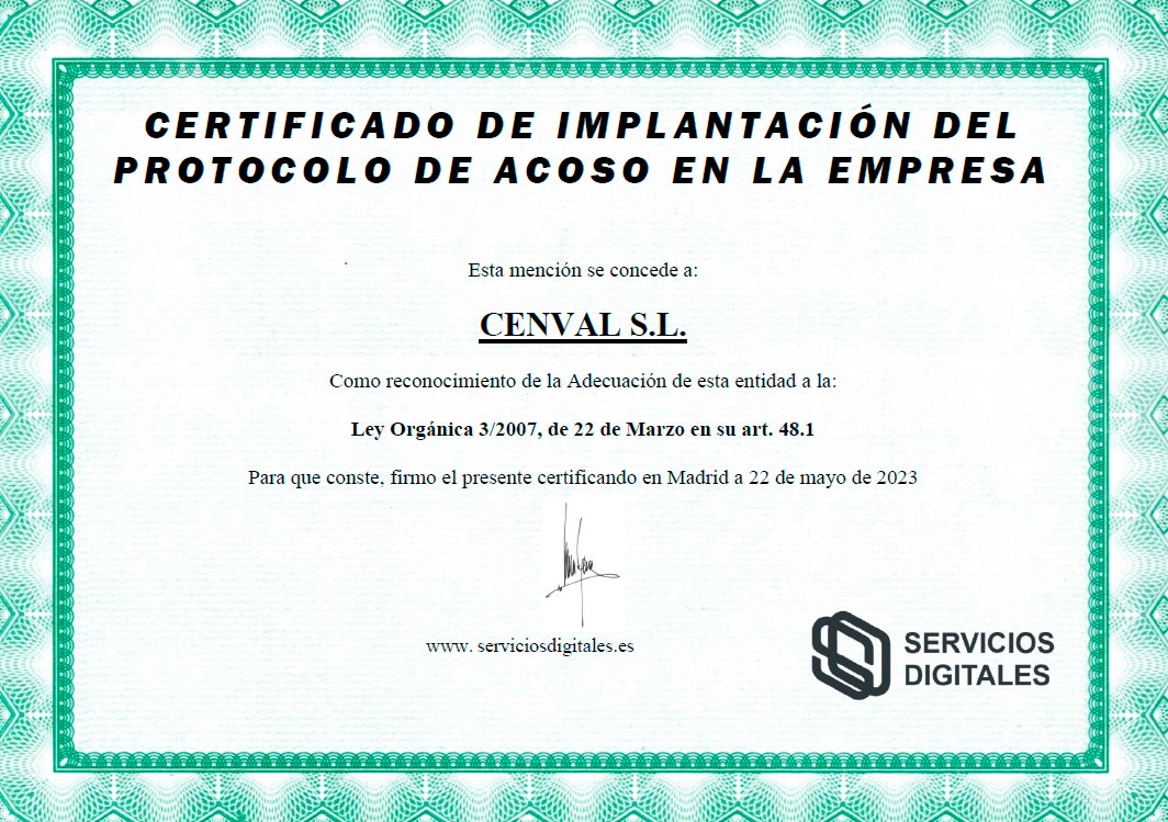 Certificado de implantacion del protocolo de acoso en la empresa CENVALSA